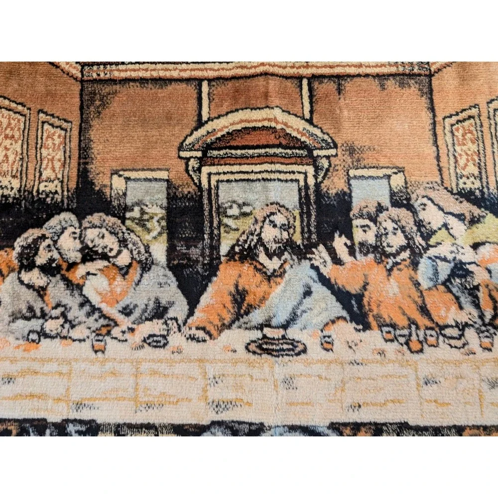 Vintage Last Supper Woven Tapestry Wall Hanging Fringe Religious‎ Decor Brown